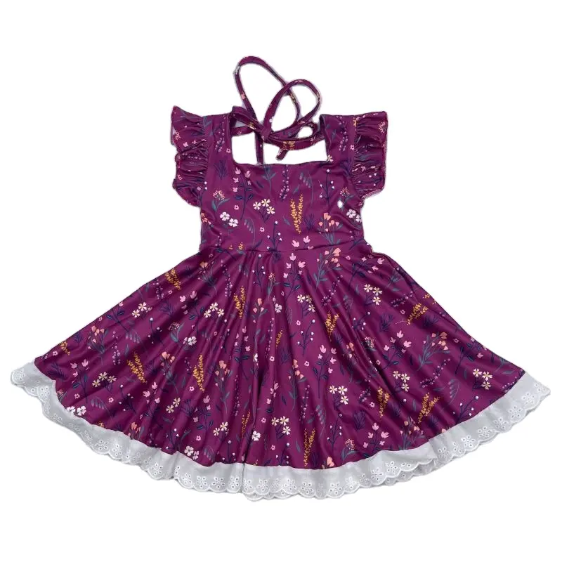 Gaun Butik Anak Perempuan, Gaun Pakaian Anak Perempuan Leher Persegi Ungu Motif Bunga, Baju Bertali Belakang Motif Bunga Pedesaan