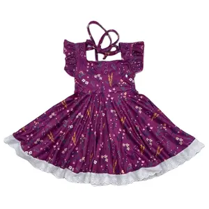 Kids Boutique Clothing Girls Dress Purple Square neck Floral Dress Lace-up Back Baby Dress Girl Rustic