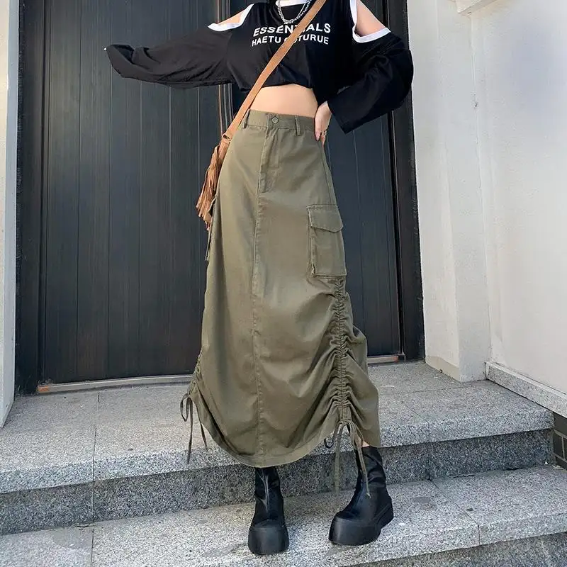 Grey High Streetwear y2k Drawstring Maxi Skirt Women's Autumn High Waist Loose Green Slit Hip A-line Long Cargo Skirt