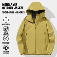 Veste Gorpcore à capuche haute performance personnalisée, étiquette privée, coque imperméable enduite PU, fermeture éclair, fabrication OEM tout-en-un pour marques d'extérieur