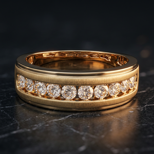 Bague de mariage pour homme en or jaune 14 carats avec diamant naturel rond taille brillant et diamants sertis - Product Image 3