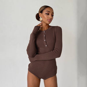 Combinaison en tricot à manches longues avec boutons devant, chic INS, pour femmes, coupe ajustée, côtelée, extensible, couche de base sexy, haut minimaliste - Product Image 6