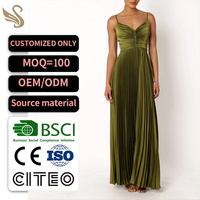 Robe longue plissée et froncée en satin élégante pour femme, bretelles spaghetti, fabrication OEM/ODM sur mesure, faible MOQ, fournisseur d'usine