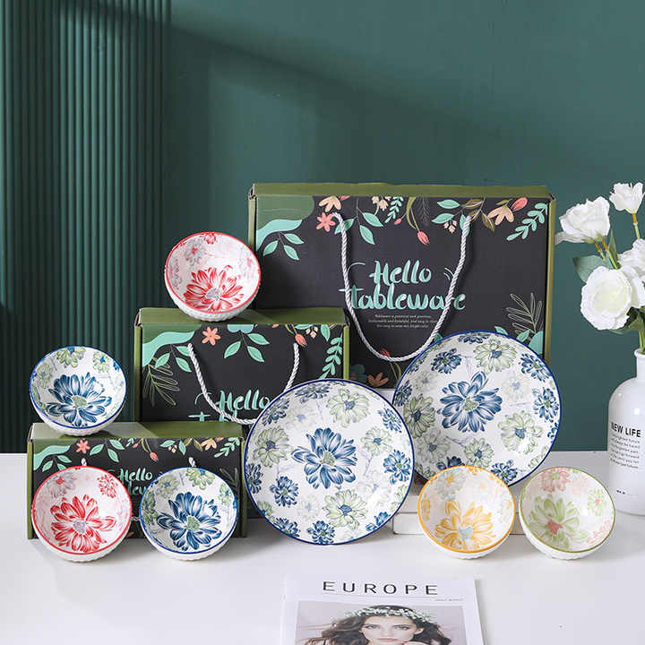 4.5inch Bohemian Ceramic Bowls with Plates Chopsticks Set Moroccan Porcelain Bowl Set Rice Bowl for Gift OEM LOGO