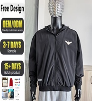 Veste noire ajustée double couche épaisse personnalisée, imperméable avec poches zippées, imprimée en sérigraphie côtelée