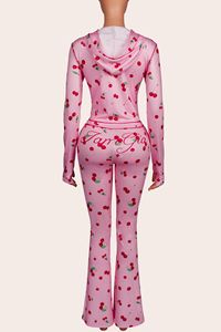Completo Casual <span class=keywords><strong>da</strong></span> <span class=keywords><strong>Donna</strong></span> in Due Pezzi, Top con Zip e Stampa Ciliegie <span class=keywords><strong>Sexy</strong></span> e Pantaloni a Zampa, <span class=keywords><strong>Abbigliamento</strong></span> Femminile - Product Image 3