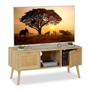 Moderno Lowboard, Rattan Design <span class=keywords><strong>TV</strong></span> Stand per un massimo di <span class=keywords><strong>43</strong></span> <span class=keywords><strong>pollici</strong></span> <span class=keywords><strong>TV</strong></span>, legno Look panca <span class=keywords><strong>TV</strong></span> per camera da letto Boho <span class=keywords><strong>TV</strong></span> Cabinet per soggiorno - Product Image 1