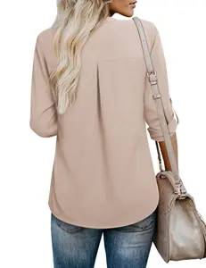 Light Khaki Women's Blouses 3/4 Sleeve Work Shirt Chiffon Tunic Top Office Wear