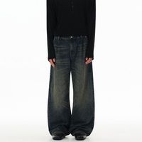 Pantalon en jean délavé style rétro américain, effet vieilli, coupe droite ample et tendance pour homme