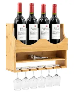 New Product 4 Bottle Wine Holder Wall Mounted Wooden Wine Rack With Wine Glass Holder Hanging Storage for Kitchen