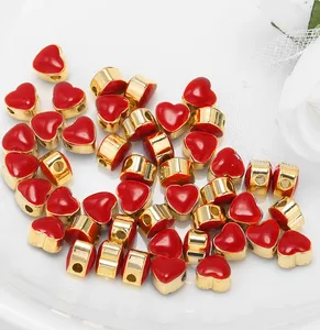 2022 wholesale copper alloy gold plated 5mm red enamel 3d heart shape charm beads star beads with 1mm hole for jewelry making
