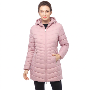 Pink Hooded Puffer <b>Jacket</b> <b>Long</b> Length Zipper Closure Windproof Casual Winter Wear Solid Color Eco-friendly Unisex Finished Front - Product Image 1