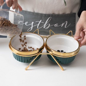 <b>Cat</b> Bowl Double <b>Feeder</b> Elevated Neck Support For <b>Cats</b> With Food And Water Dish Green Gold Trim - Product Image 3
