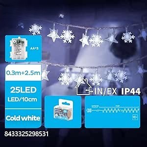 Ghirlanda di luci LED a forma di stella e fiocco di neve, 2,5 m, alimentata da 3 batterie AA, luce bianca fredda, ideale per decorare feste e - Product Image 1