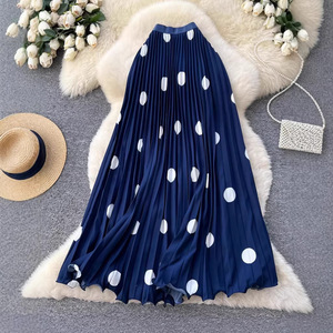 Gonna a pieghe a <span class=keywords><strong>pois</strong></span> grandi retrò, dolce, da donna, midi, primaverile, nuovo arrivo, a vita alta, linea ad A, lunga, antipiega - Product Image 4