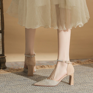 Escarpins à bout pointu avec bride à la cheville et strass, chaussures D'Orsay à talon haut pour femme, tendance mode - Product Image 2
