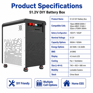 Caixa de Bateria <span class=keywords><strong>DIY</strong></span> LiFePO4 51.2V 16S 628Ah com BMS JK 300A e LCD de 4.3 polegadas para 16pcs MB56 628Ah, Armazenamento de Energia Solar Residencial, Estoque na China - Product Image 2