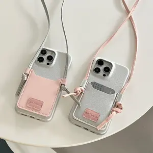 Ốp thẻ da Bạc cao cấp thích hợp phong cách Hàn Quốc Ốp lưng iPhone 14 dây đeo chéo bảo vệ cổ 11 Ốp điện thoại mới 13/15