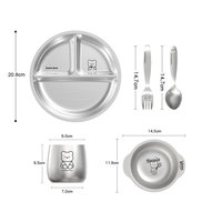 Ensemble de vaisselle pour enfants en acier inoxydable 304 de qualité alimentaire OEM, 5 pièces, assiette, bol, tasse, cuillère, fourchette, plateau repas divisé pour enfants