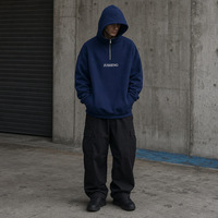 Sweat à capuche demi-zip personnalisé pour homme en molleton bouclette coupe ample, sur mesure, bleu marine, coton épais, streetwear, effet délavé
