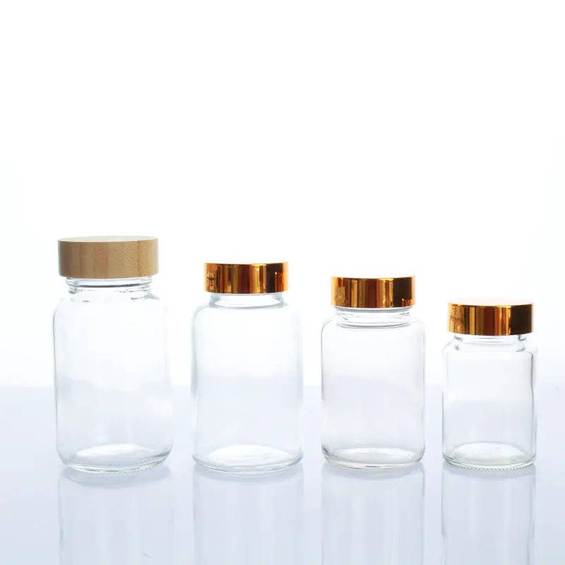 120ml/150ml di vitamina compressa bottiglia bocca larga trasparente glassa capsula di vetro con coperchio a vite di bambù