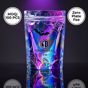 Bolsa de Mylar Holográfica Personalizada para Halloween, a Prueba de Olores, con Diseño Láser Arcoíris, para 3.5g de Dulces, con Cierre Vertical, Sin Costo de Placa - Product Image 1