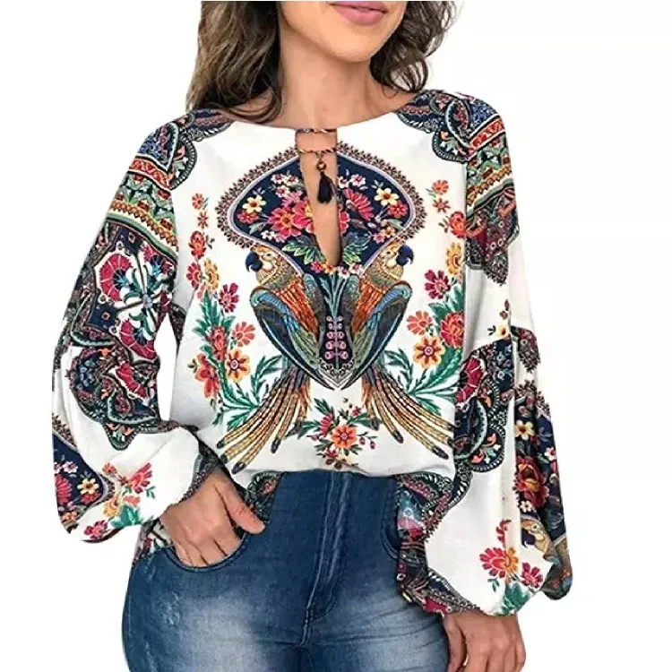 2019 New Fashion 5XL Women Spring Autumn Long Puff Sleeve Girls Leaf Printing Loose Casual Tops Shirt Pullover Blouse