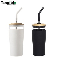 Gobelet en verre écologique blanc personnalisé 600 ml Tangible 2025, nouveau design de style américain, avec couvercle en bambou et paille en silicone à visser