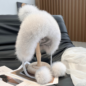 Cálido y esponjoso <span class=keywords><strong>sombrero</strong></span> de <span class=keywords><strong>paja</strong></span> de piel de zorro protección del cuello del oído <span class=keywords><strong>sombrero</strong></span> de bola de aviador de punto - Product Image 3