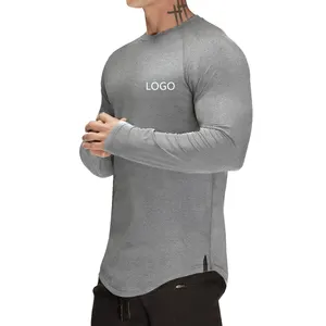 2021abbigliamento bodybuilding vêtements 95 coton 5spandex t-shirt En Gros o cou blanc scoop bas hommes à manches longues t-shirt hommes