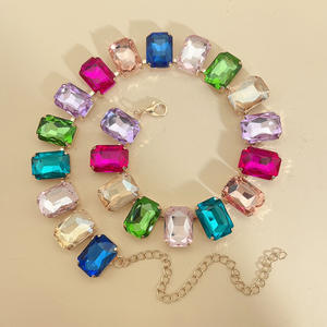 Conjunto de Collar y Pulsera de Piedras Preciosas de Cristal Rectangulares de Colores Mezclados, Directo de Fábrica, con Engaste Octagonal, Eslabones de Cristal y Cobre, Nuevo y Lujoso - Product Image 1