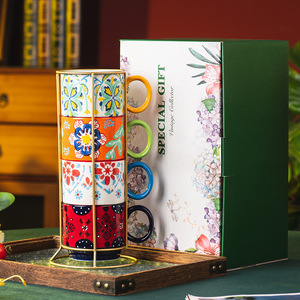 Vintage Flower Coffee Mug Hand Painted Porcelain <b>Tea</b> Cup Stackable Ceramic Mugs Set with Metal <b>Stand</b> - Product Image 1