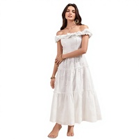 Gaun Putih Panjang Kasual Wanita Model Off Shoulder dengan Ruffle, Bordir Eyelet, dan Berlapis-lapis