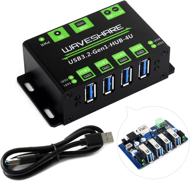 Aismartlink WAVESHARE 4-Ch USB 3.2 Gen1 HUB, Compatible with Windows Metal Case with Wall-Mount Support