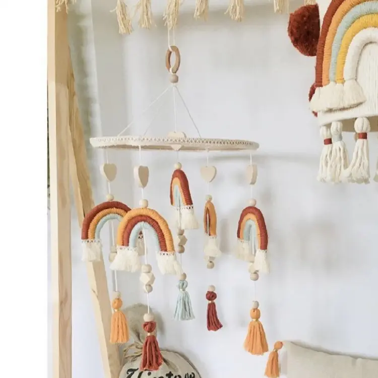 Boho Nursery Decor Kids Handmade Cotton Crib Macrame Rainbow Wall Hanging Baby Mobile