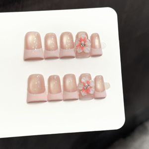 En gros, <span class=keywords><strong>Faux</strong></span> ongles à presser faits main Y2K, style French manucure œil de chat rose, motif fleur 3D, minimaliste et évasé, 10 pièces - Product Image 1
