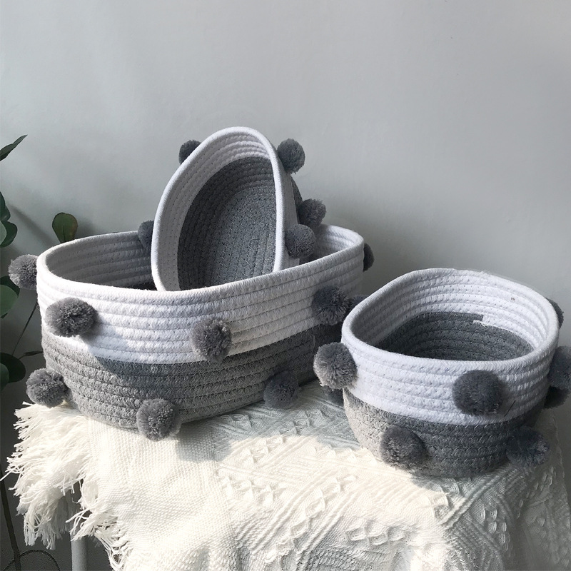 Gray and white cotton rope three-piece set (with pom-poms)
