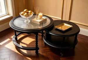 Ensemble de tables basses gigognes noires avec plateau en verre cannelé et tiroir de rangement, style ferme, pour salon - Product Image 4