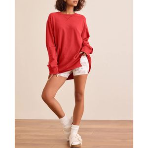 T-shirt oversize à manches longues pour femme, col rond, couleur unie, coupe décontractée, haut tendance, longueur normale, manches longues - Product Image 5