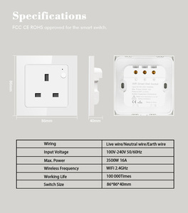 XZJ Tuya <span class=keywords><strong>Wifi</strong></span> Smart <span class=keywords><strong>Socket</strong></span> UK Universal 240V 16A Vidrio templado IP44 Enchufe de pared con material plástico - Product Image 5
