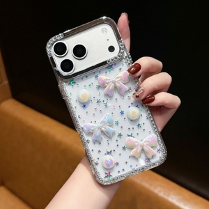 newest glitter diamond starry colorful bling bowknot transparent phone case with pearl chain <b>cover</b> for iPhone 11 12 13 16 17 pro - Product Image 3