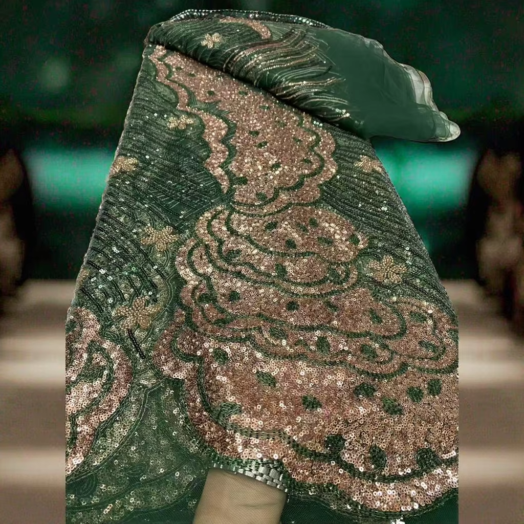 Buy Green and Gold Lace Fabrics Stretches Up to 21cm | Alibaba.com