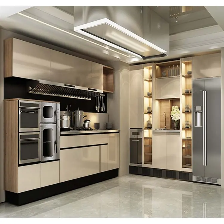 Talk cupboards Etched glass kitchen cabinets European Style Kitchen Cabinet with refrigerator