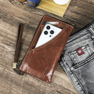 Cartera de Cuero de Grano Completo Aceitado para <span class=keywords><strong>Hombre</strong></span>, con Bloqueo RFID, Cierre de Cremallera, Diseño de Bolsillo para Jeans, Gran Capacidad, Compatible con Teléfonos de 6.9 Pulgadas - Product Image 1