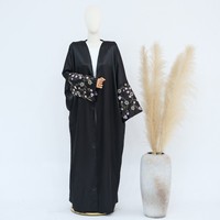 Nouvelle Robe Musulmane Dubai Abaya 2025 en Satin Noir Broderie Florale pour Femme – Vêtements Ethniques Pudiques Islamiques