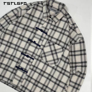 Chemise surchemise écologique à carreaux style Tang pour homme, personnalisée, avec fermeture boutonnée dissimulée, en tissu mélangé de coton, manches longues, poids moyen, Kung Fu - Product Image 3