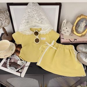 Tongxingyuan Girls' Yellow <b>Lace</b> Hat Dress Set Short Sleeve O-Neck Cotton Summer Outfit For Children - Product Image 2