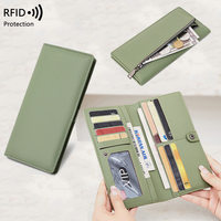 Dompet Panjang Tipis Kulit PU Anti RFID untuk Wanita, Tempat Kartu Kredit Ultra Tipis, Penutup Ritsleting, Warna Solid, Poliester