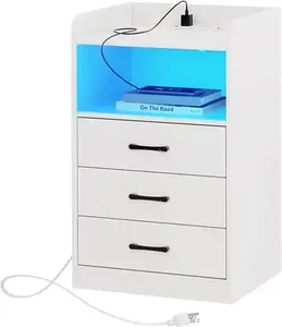 Nightstand พร้อมสถานีชาร์จและแถบไฟ LED, ขาตั้งกลางคืนพร้อมลิ้นชัก, โต๊ะท้ายพร้อมพอร์ต USB และเต้ารับ