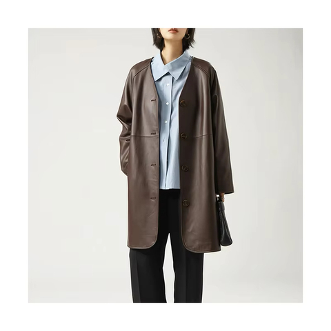 3245 Real Leather Trench Coat Brown Long Sleeves V Neck Single Breasted Long Leather Coat for Womens